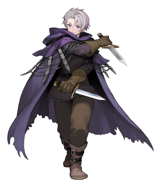 Travis, a young and white-haired thief, brandishes two daggers while his purple cloak blows in the wind.